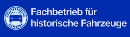 A blue sign that says fachbetrieb fur historische fahrzeuge