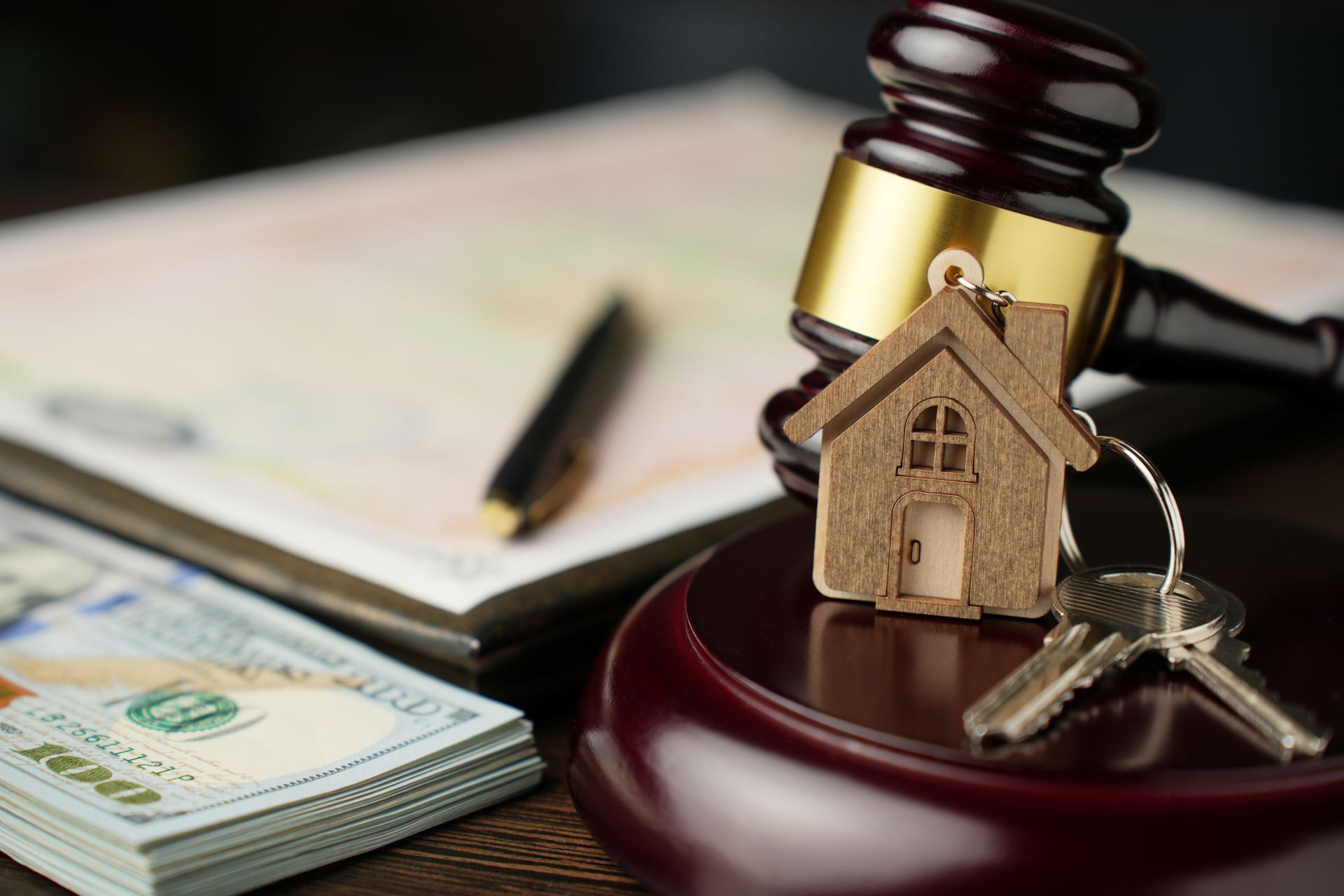 Un maillet, une clé de maison, de l'argent liquide et des documents juridiques sur une surface en bois.