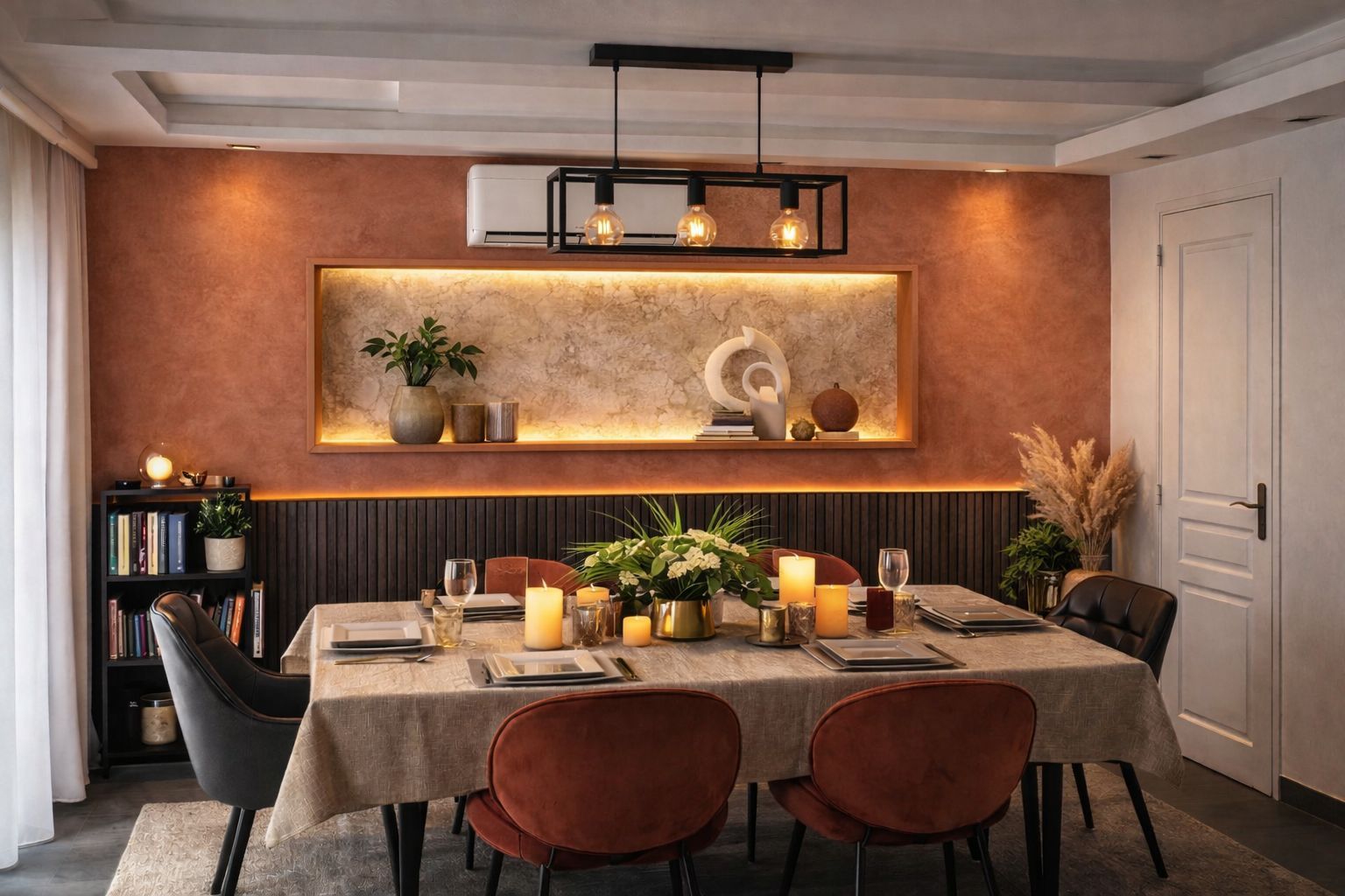 Salle à manger élégante aux murs brun chaud, avec une longue table dressée pour un repas et des suspensions lumineuses modernes.