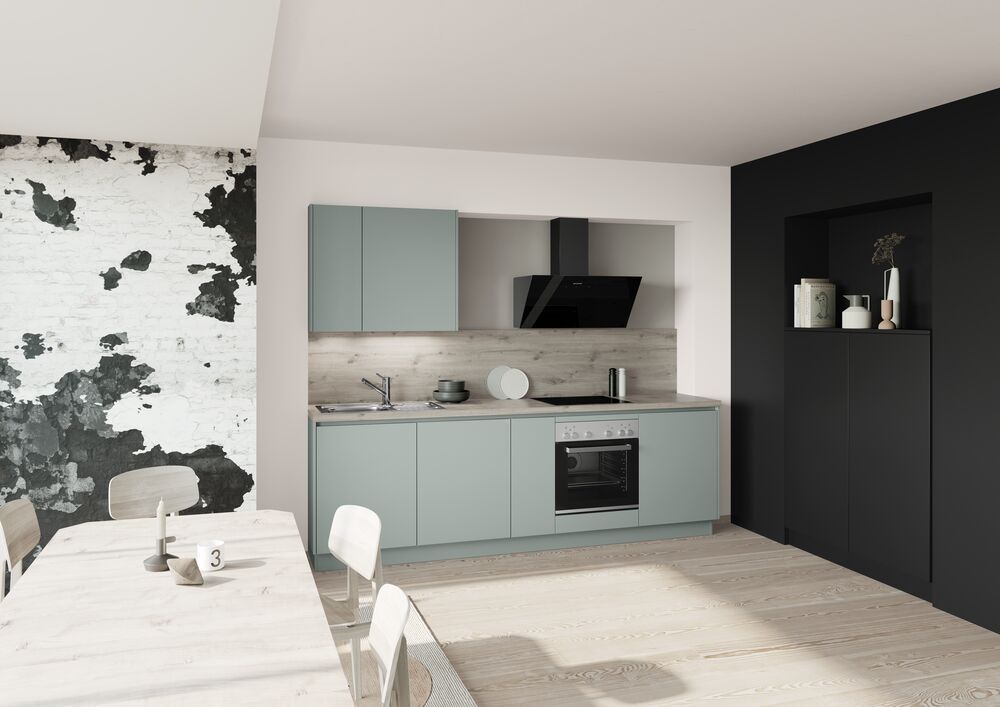 Eine kleine Küche in Eukalyptus mit grifflosen Fronten und einer zweiten Küchenzeile in Schwarz.