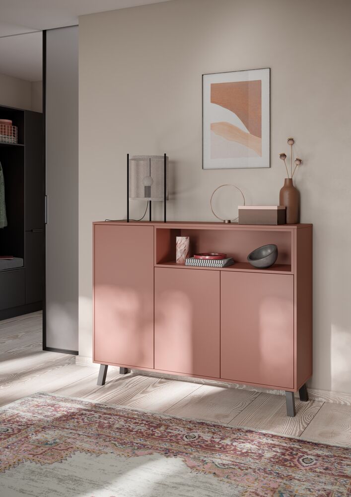 Ein Wohnzimmer mit einer rosa Kommode und einem Teppich. Im Wohnraum neben der Küche.