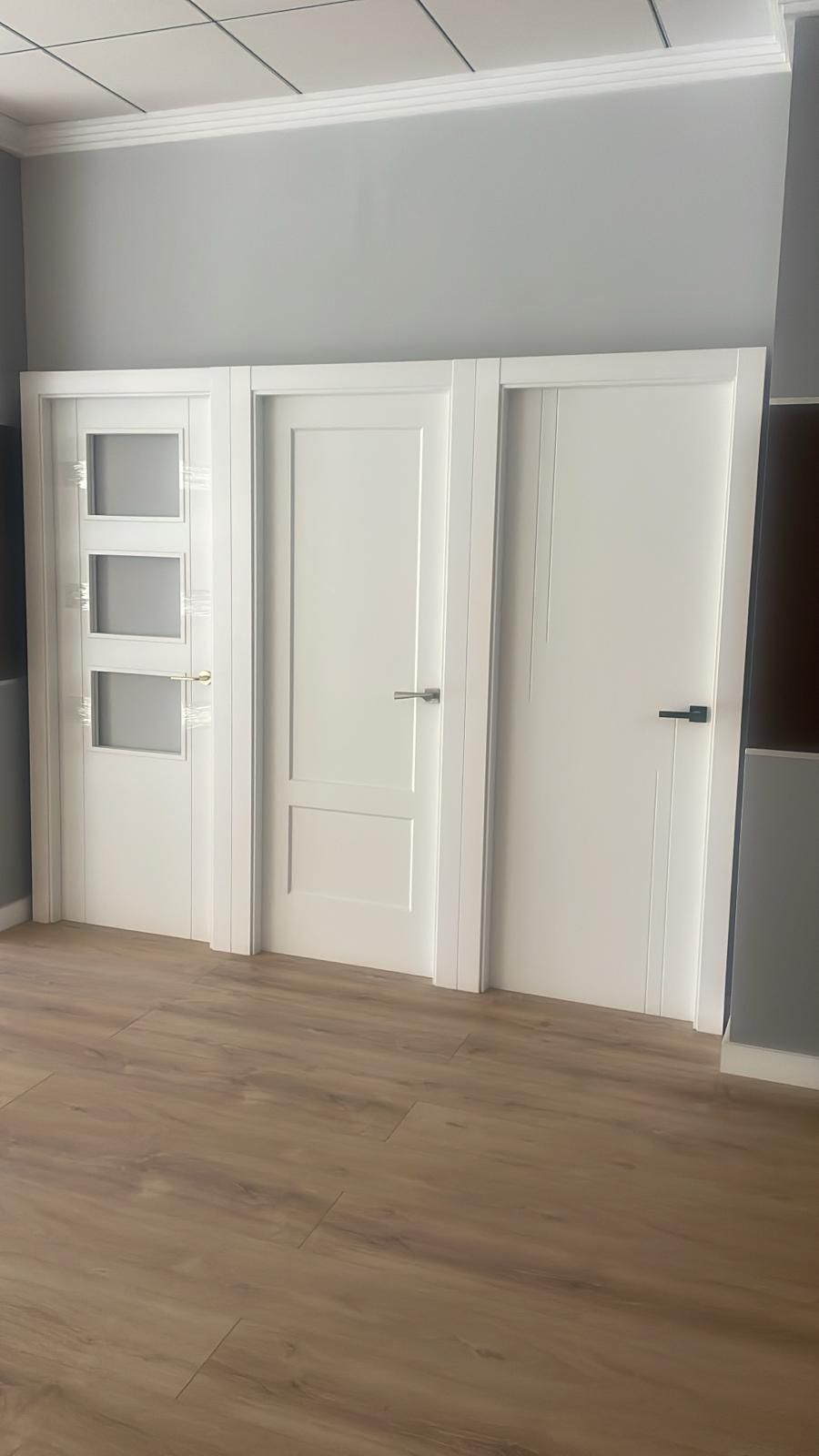 Una habitación con tres puertas blancas y suelo de madera.
