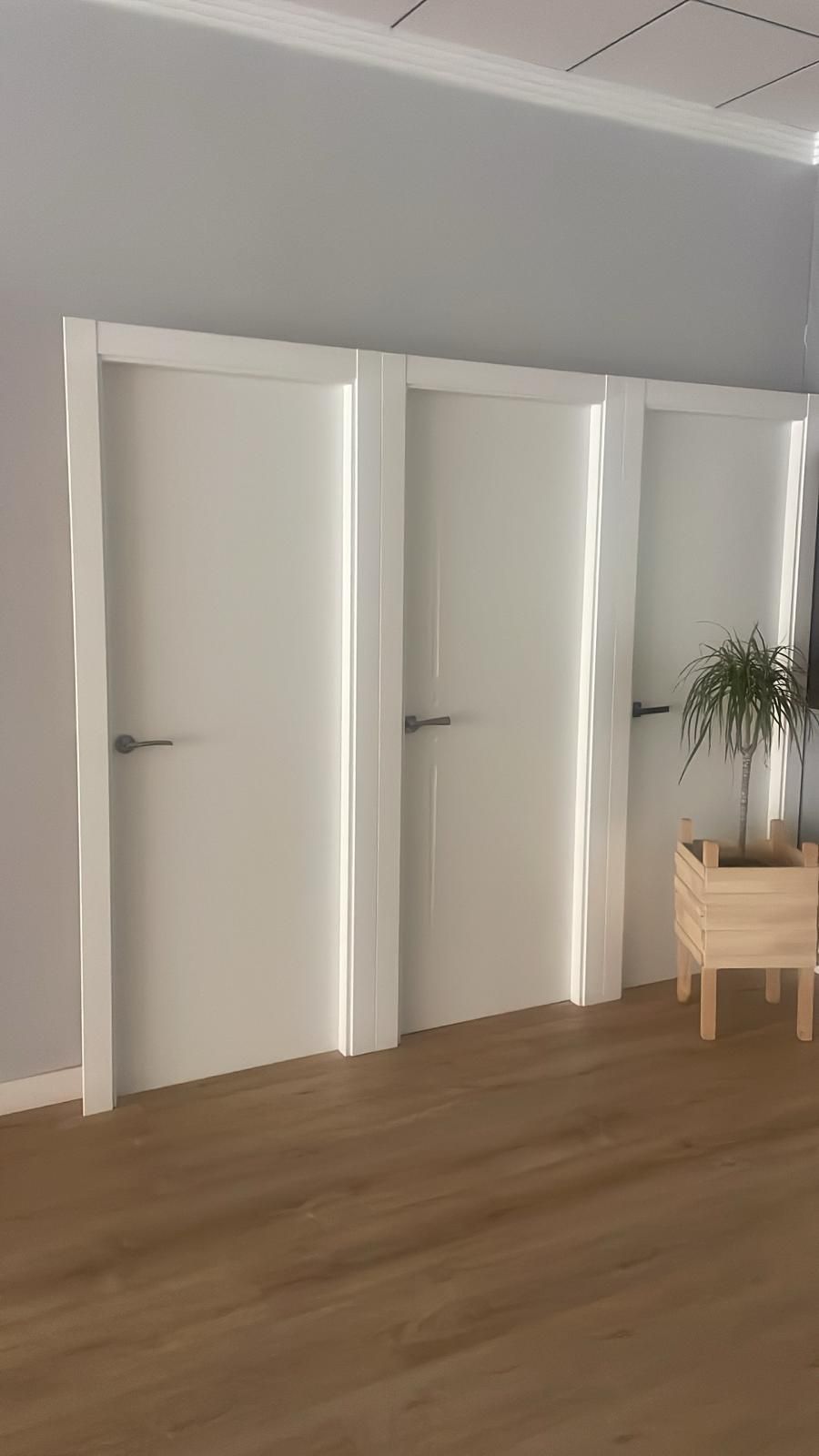 Un pasillo con puertas blancas y suelo de madera.