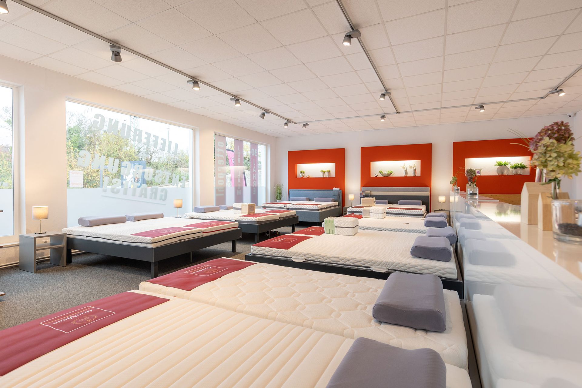 Matratzenausstellungsraum mit Betten unter Schienenbeleuchtung; große Fenster, rote Akzentwände.