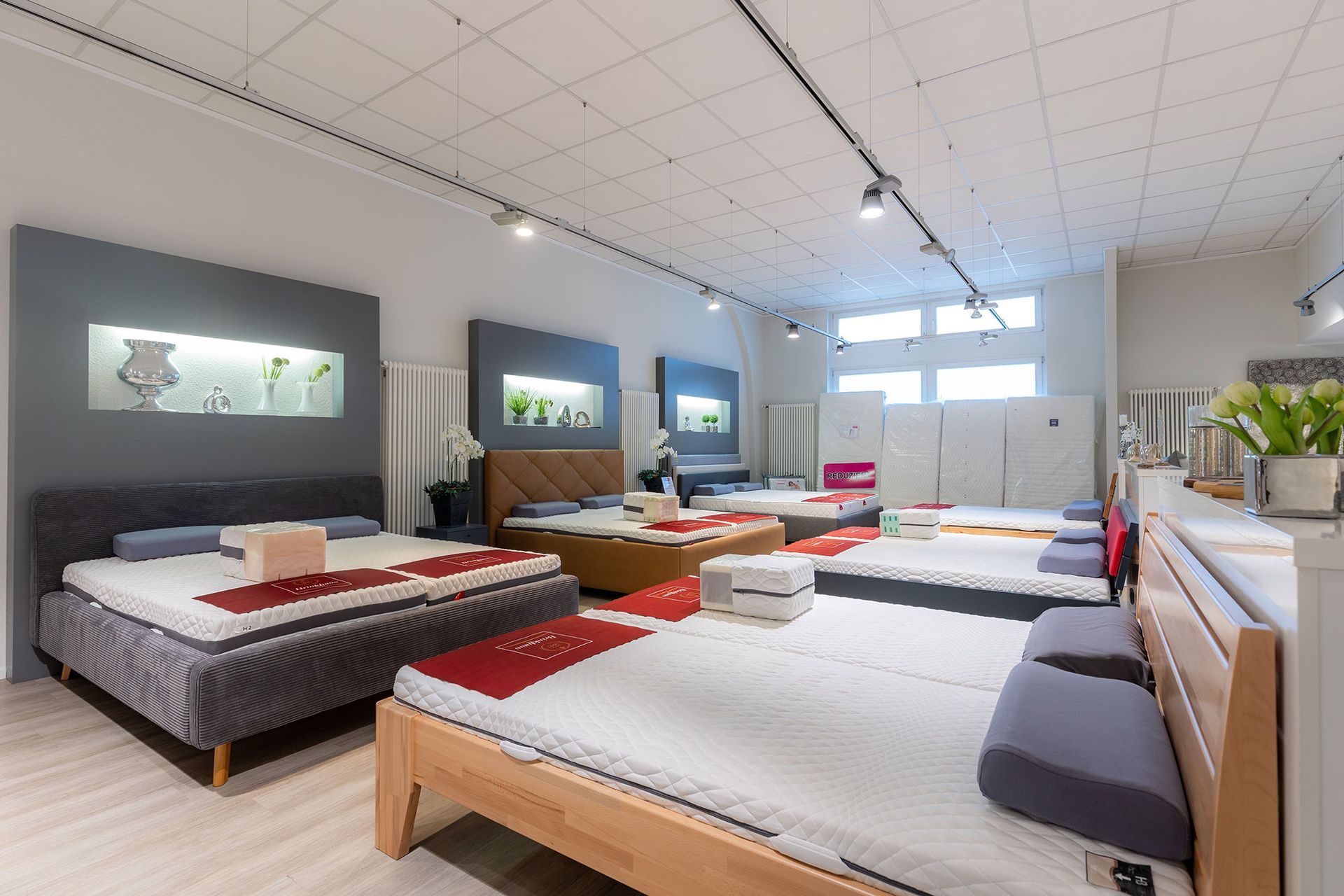 Das Interieur eines Matratzengeschäfts mit mehreren ausgestellten Betten verschiedener Stile. Helle Beleuchtung.
