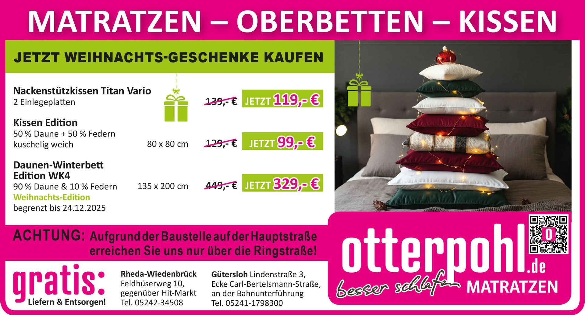 Werbung für Otterpohl-Matratzen mit Weihnachtsgeschenkangeboten; ein Stapel Kissen bildet einen Weihnachtsbaum.