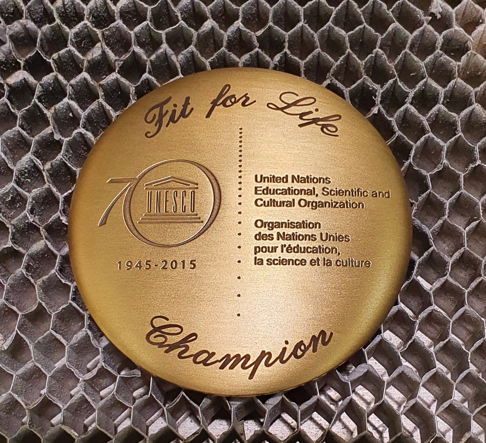 Photo d'une médaille de l'Unesco pour ses 70 ans