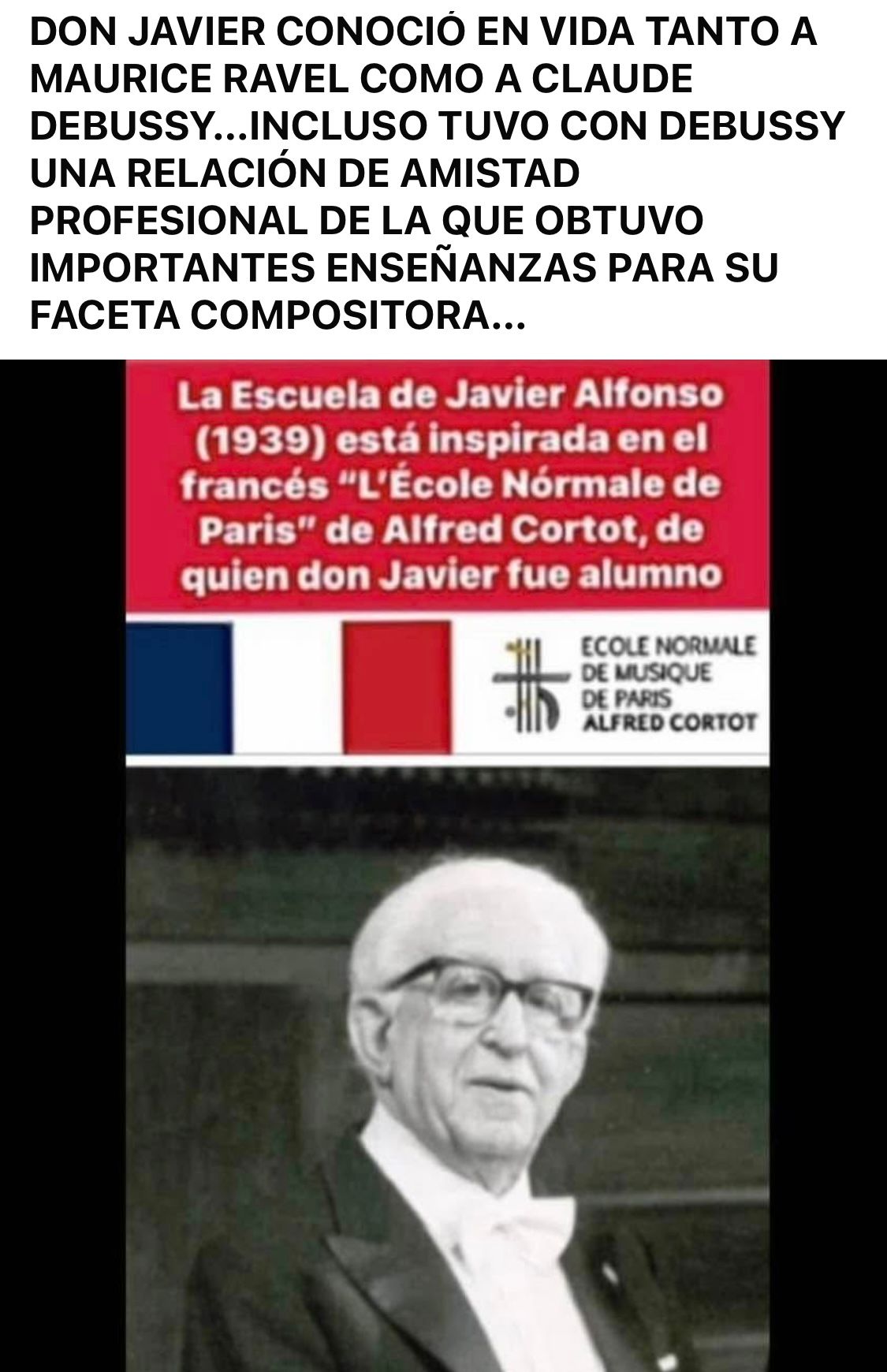 Texto sobre el compositor Javier, sus influencias (Debussy, Ravel) y su escuela en París.