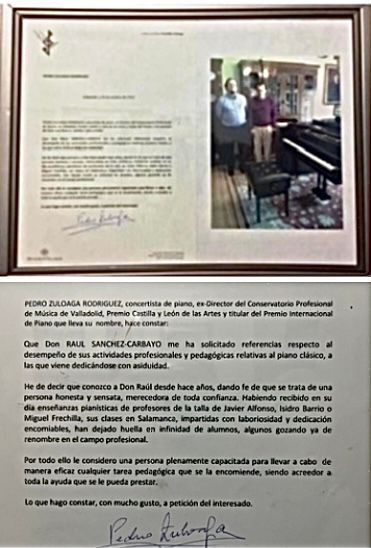 Carta y foto enmarcadas; testimonio de Pedro Zuloaga, Director del Conservatorio de Música, en apoyo al músico Synchro Carrizo.