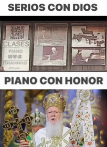 Arriba: Portadas de libros de lecciones de piano. Abajo: Figura religiosa sosteniendo una cruz.