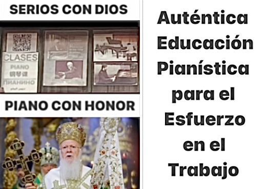 Arriba: Portadas de libros de lecciones de piano. Abajo: Figura religiosa sosteniendo una cruz.