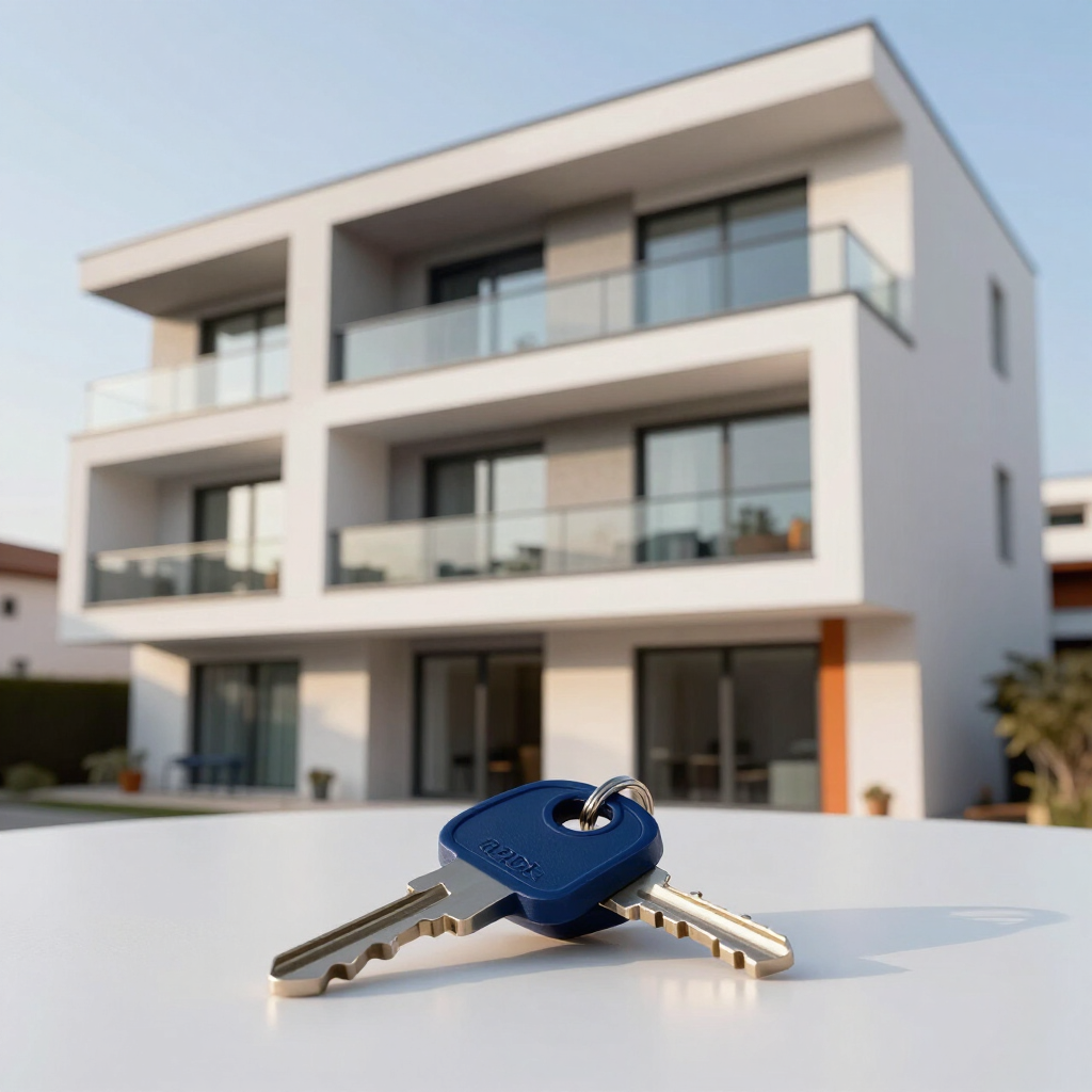 Llaves sobre una mesa frente a una casa moderna