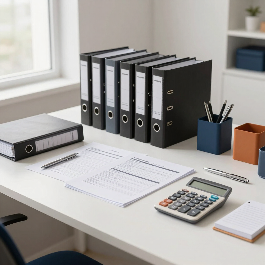 Escritorio de oficina con archivadores, papeles, calculadora, bloc de notas y portalápices junto a una ventana