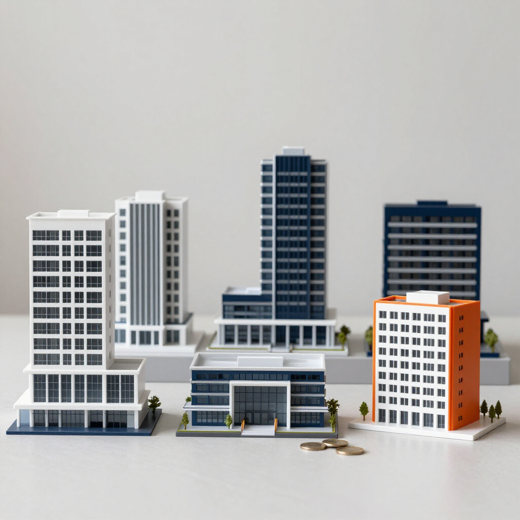 Maqueta en miniatura de edificios de una ciudad moderna en blanco, azul y naranja sobre un fondo liso