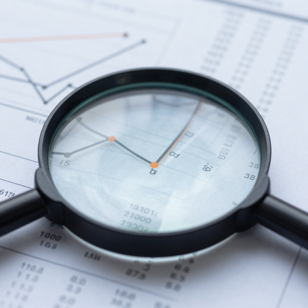 Una lupa sobre un gráfico financiero en papel que resalta los datos de un gráfico de líneas