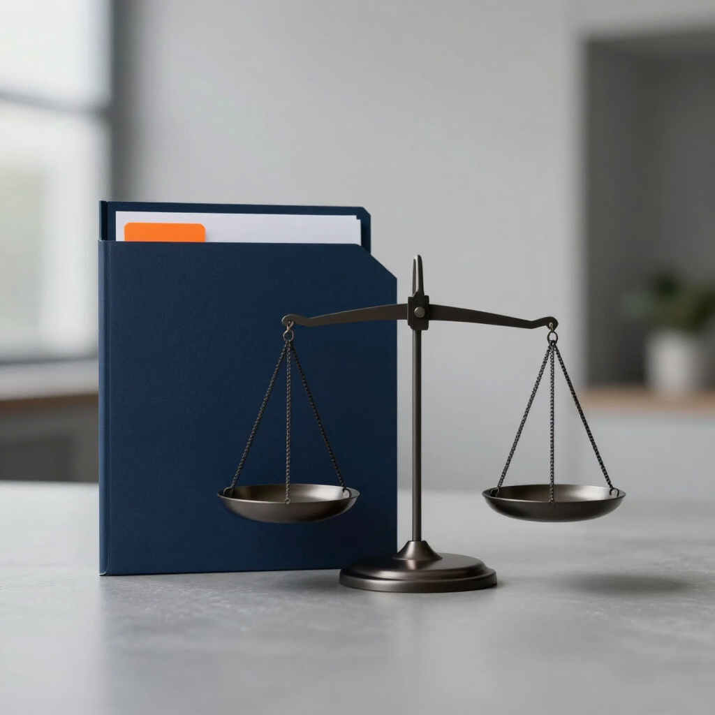 Libro de leyes azul oscuro con una balanza de la justicia sobre un escritorio, símbolo del equilibrio jurídico