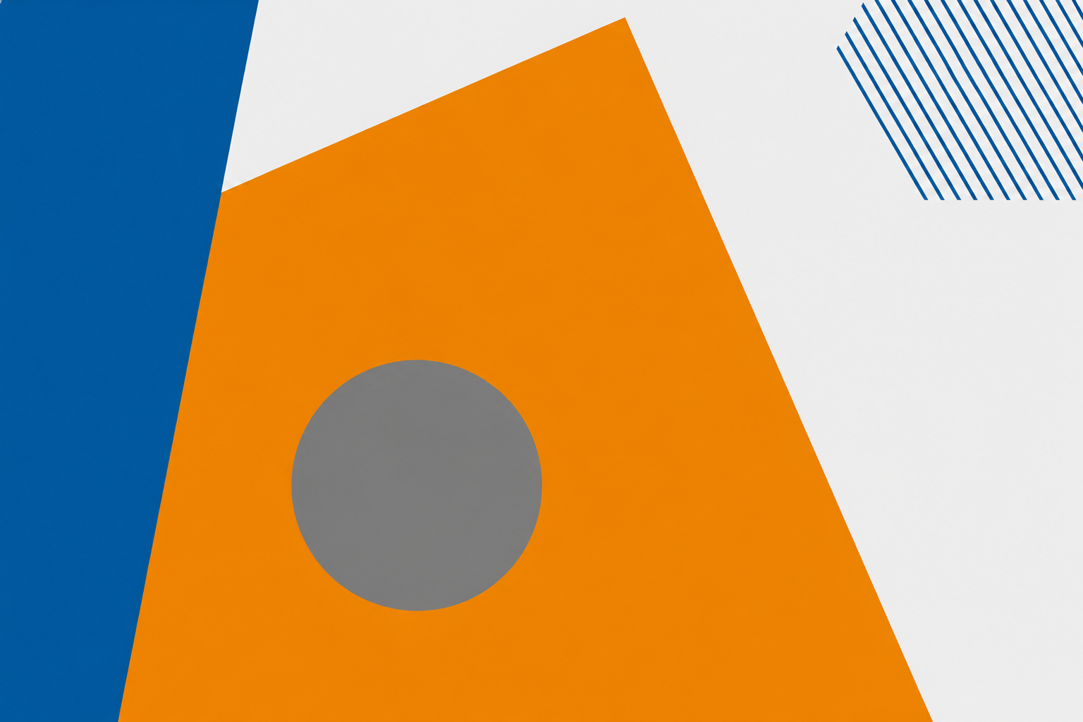 Formas geométricas abstractas en azul, naranja, gris y blanco.