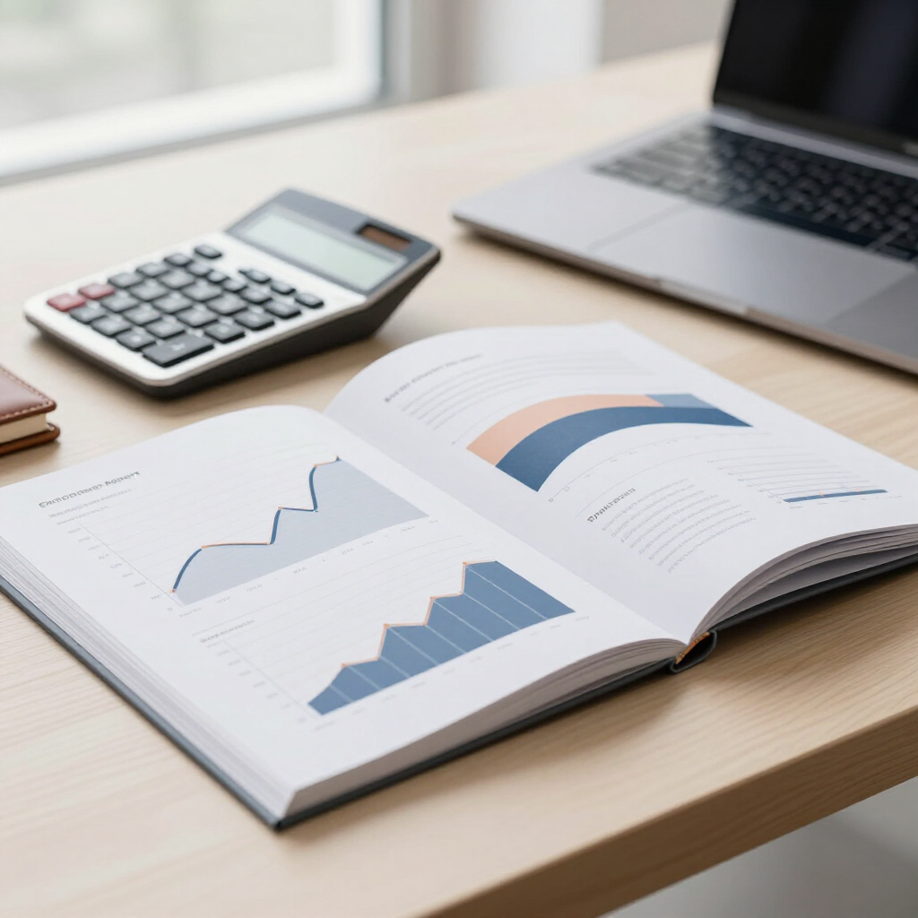 Informe financiero abierto con gráficos junto a una calculadora y un portátil sobre un escritorio