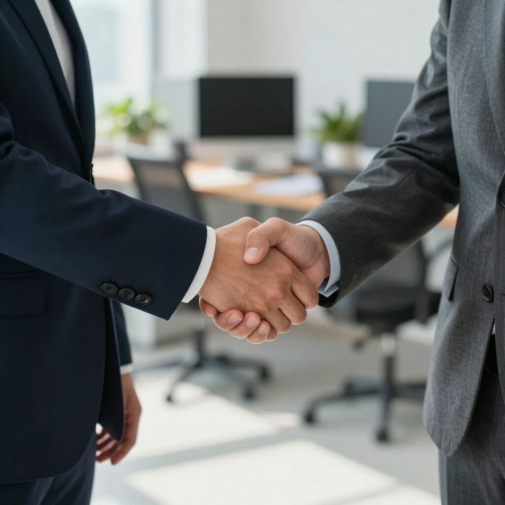 Dos empresarios estrechándose la mano en una oficina moderna