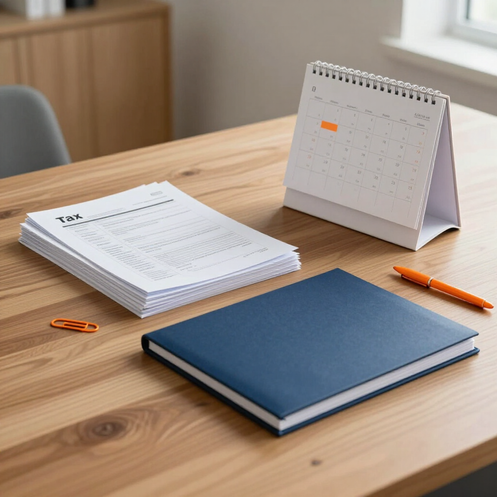 Escritorio de madera con papeles, cuaderno azul, bolígrafo naranja, clips y un pequeño calendario de sobremesa