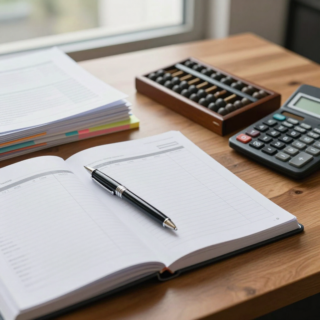 Cuaderno abierto con un bolígrafo, una calculadora y un ábaco sobre un escritorio de madera junto a una ventana.
