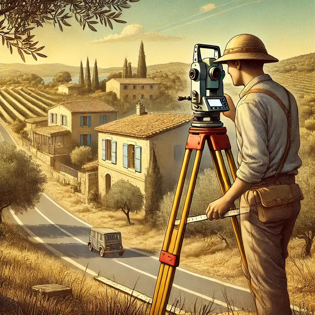 Paysage de Lançon-Provence avec un géomètre travaillant sur un site de projet d’aménagement routier.