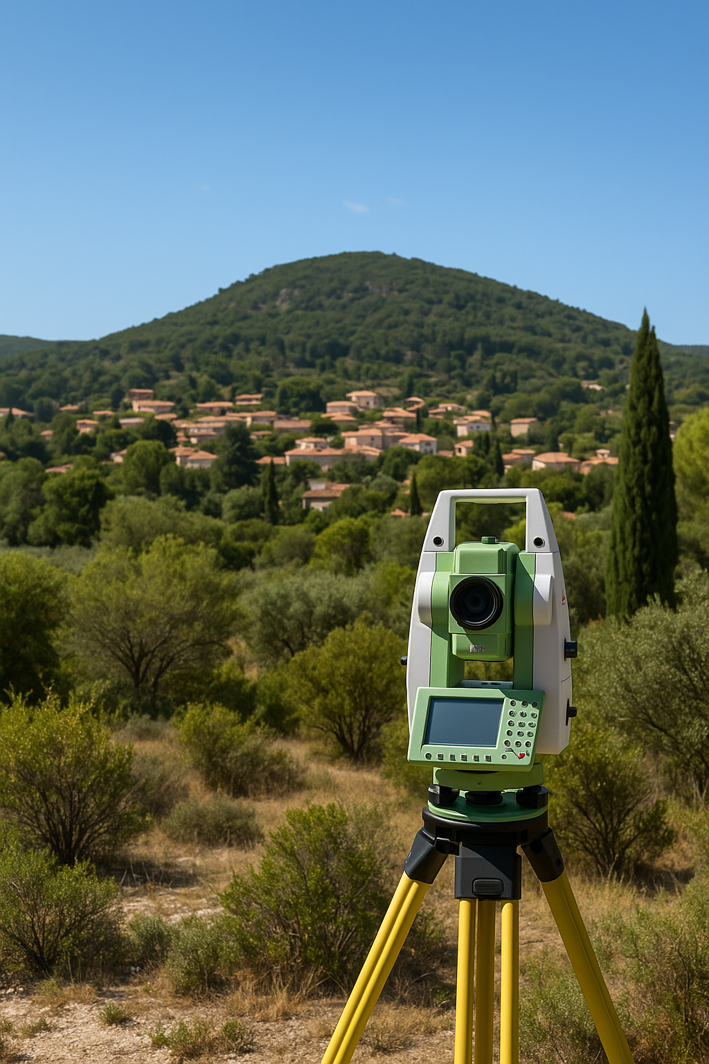 Tachéomètre Leica sur trépied au premier plan, paysage de Venelles, colline et toits en tuiles rouge