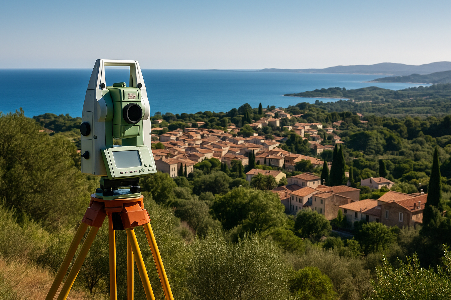 Tachéomètre Leica sur trépied au premier plan, vue sur Hyères avec mer et collines en arrière-plan