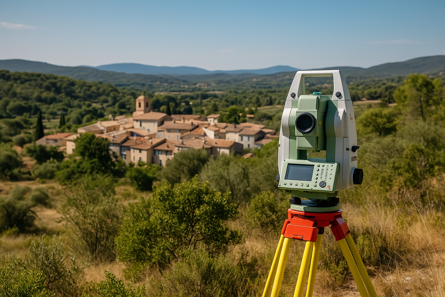 Tachéomètre Leica sur trépied, paysage vallonné de Rians avec végétation méditerranéenne