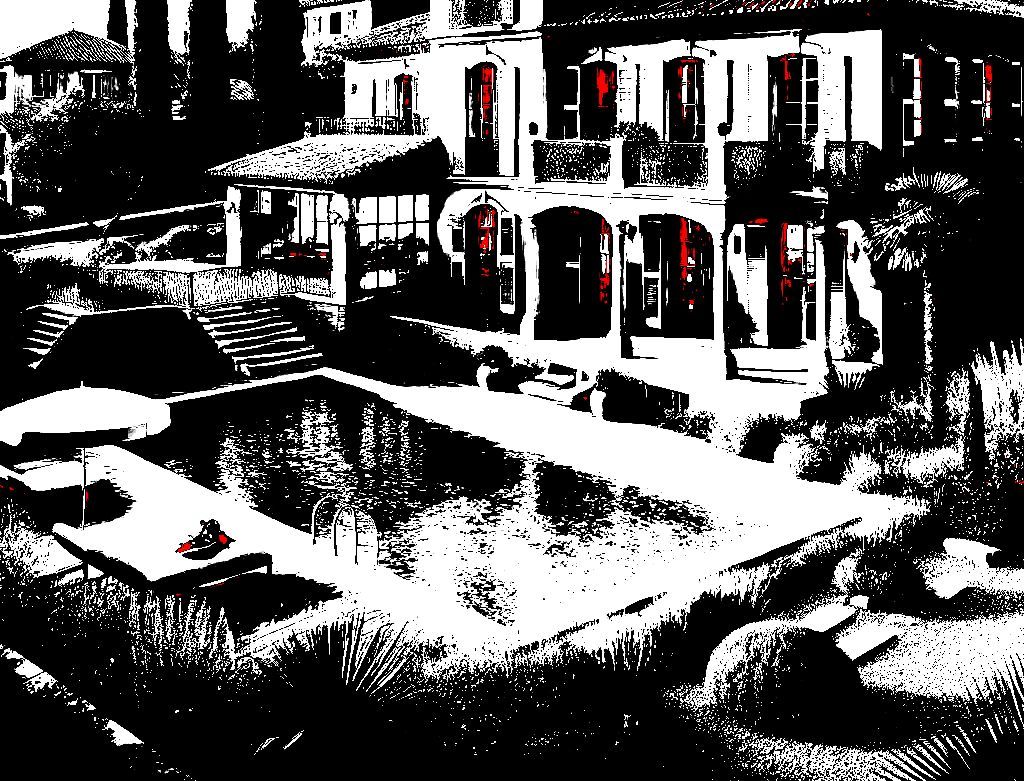 Un géomètre effectuant un relevé dans un jardin méditerranéen à Hyères, avec une villa en arrière-plan.