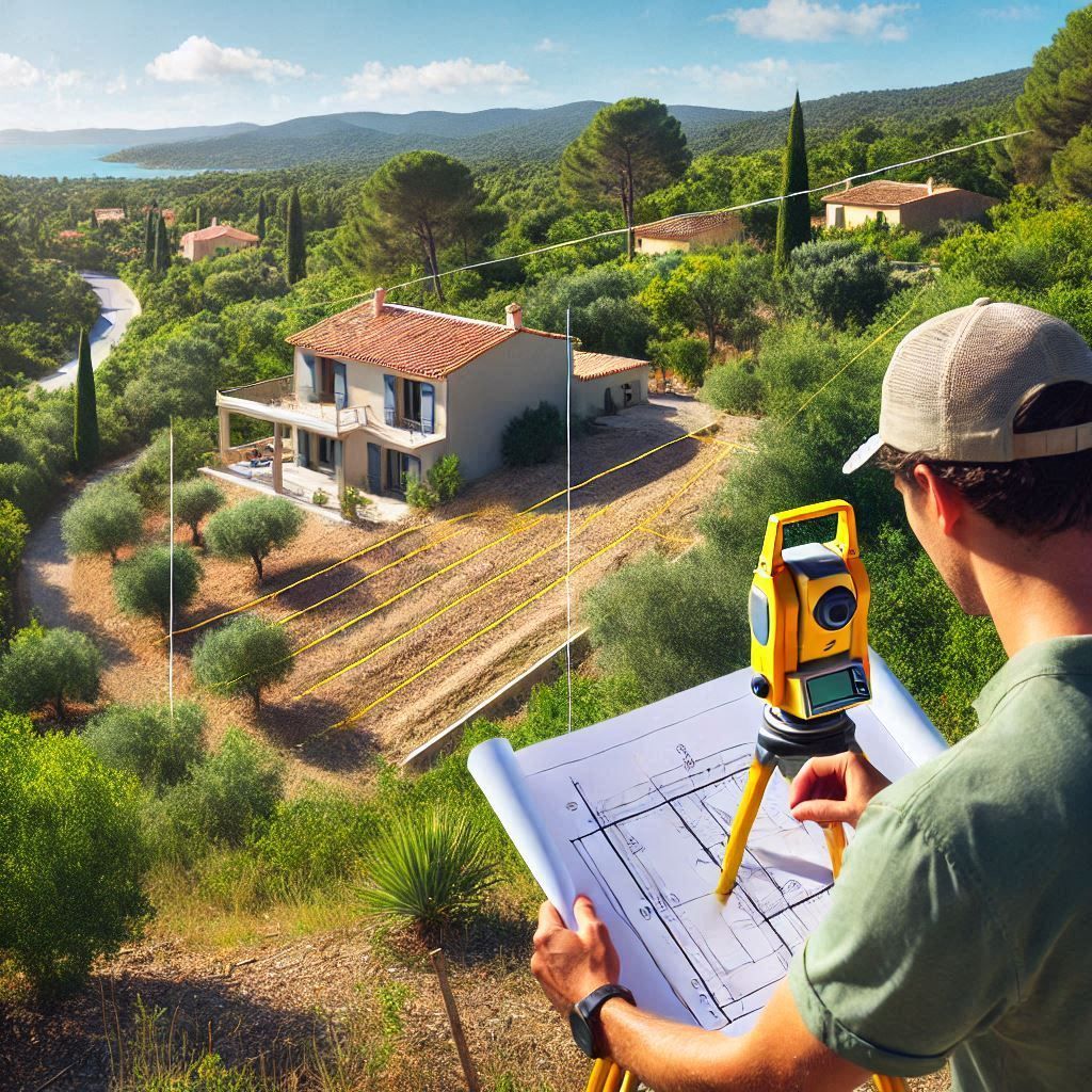Géomètre à Montauroux réalisant des relevés de terrain pour un projet d’aménagement de maison.