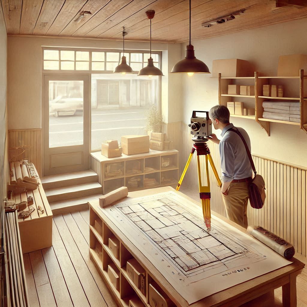 Géomètre à Tourrettes réalisant un relevé intérieur pour l’aménagement d’une petite boutique.