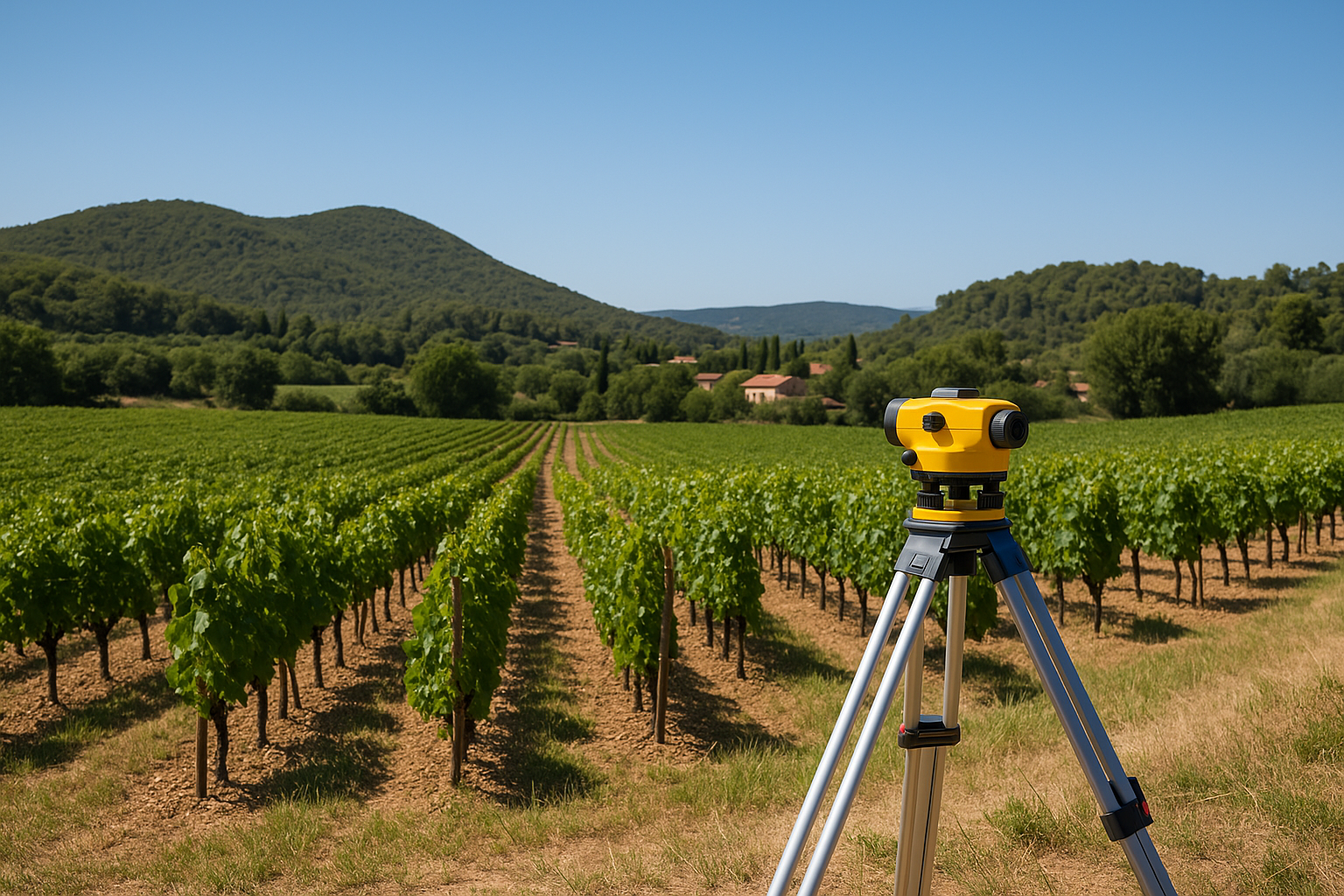 Vue de terrain à Le Puy-Sainte-Réparade avec vignoble, colline et matériel de géomètre