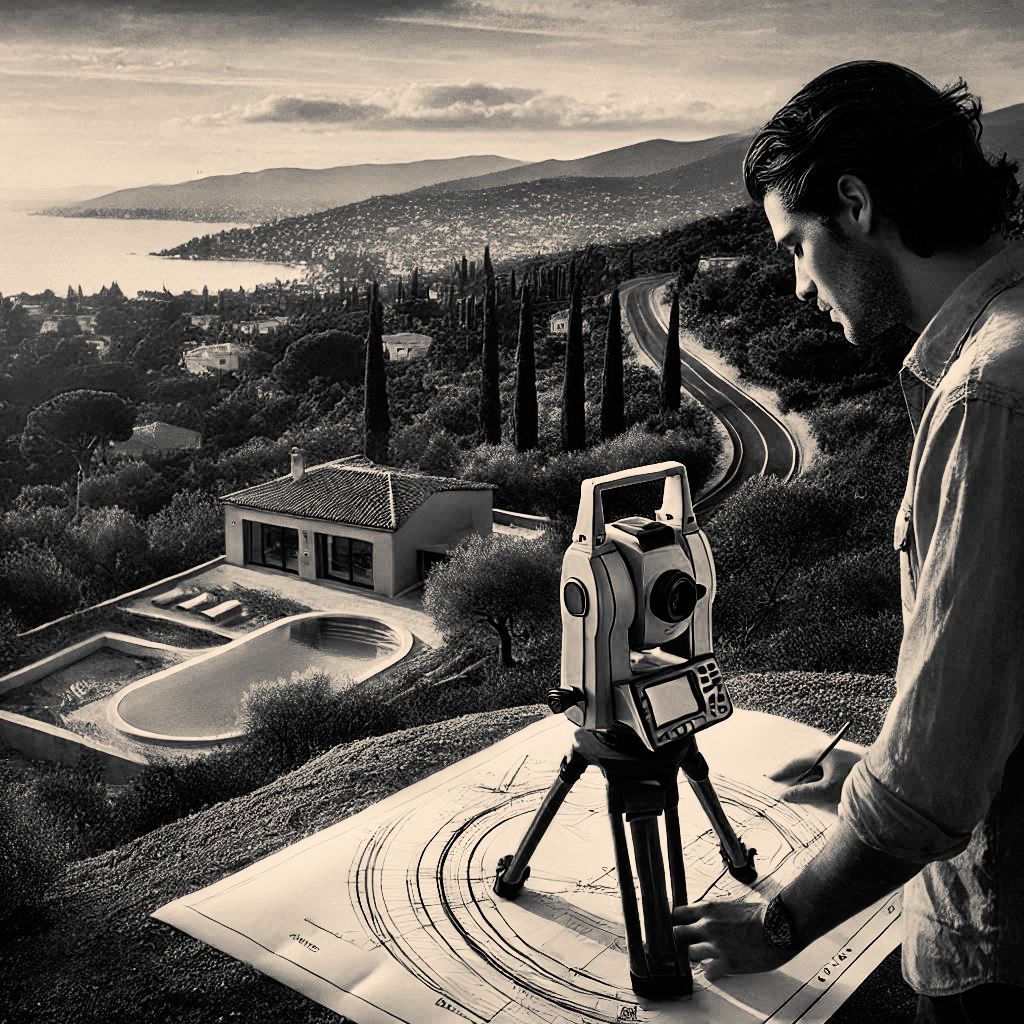 Relevé d’un terrain arboré à Roquefort-les-Pins pour un projet de maison contemporaine avec piscine.