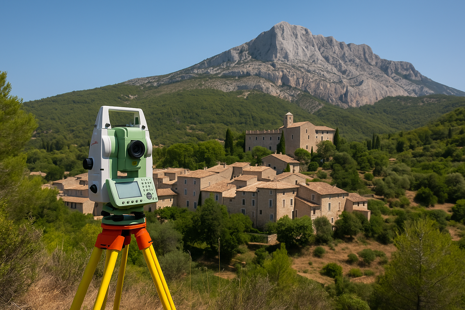 Tachéomètre Leica  au premier plan, vue sur la Sainte-Victoire et le village de Vauvenargues
