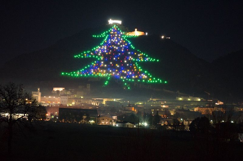 L'Albero di Natale più grande del mondo illuminato sulle pendici del Monte Ingino a Gubbio
