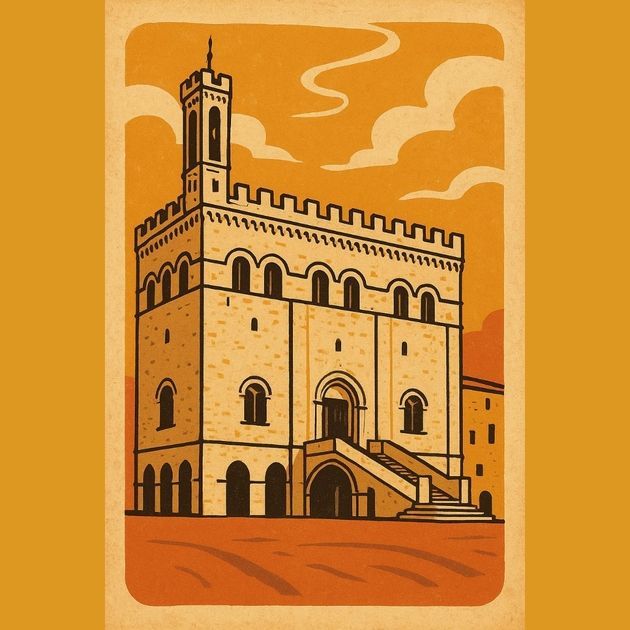 Illustrazione stilizzata del Palazzo dei Consoli di Gubbio su sfondo arancione