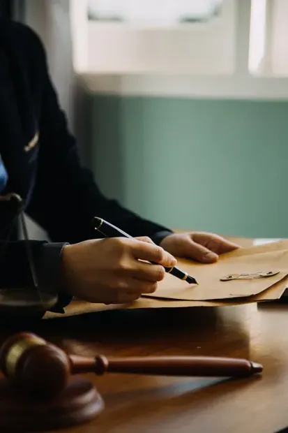 Persona de traje firmando un documento con un bolígrafo; mazo sobre una mesa de madera cercana.