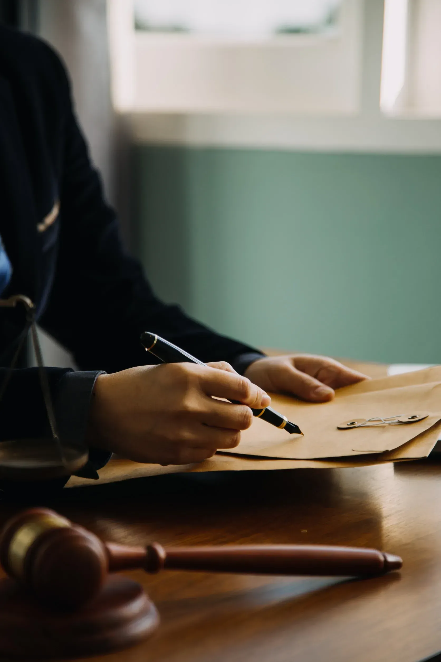 Persona firmando documentos en un escritorio con un mazo.