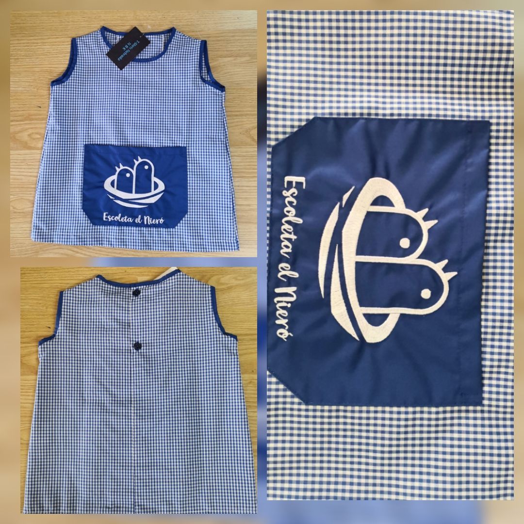 Un delantal a cuadros azules y blancos con la palabra escalda en él.