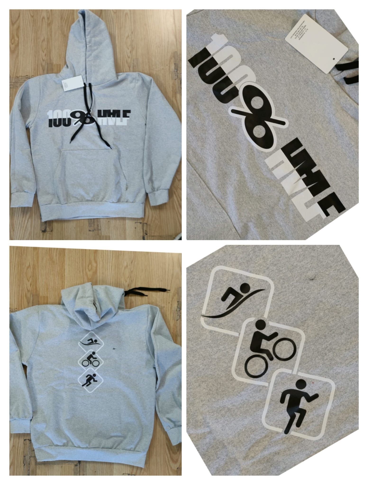 Una sudadera con capucha gris con la imagen de una persona montando en bicicleta.