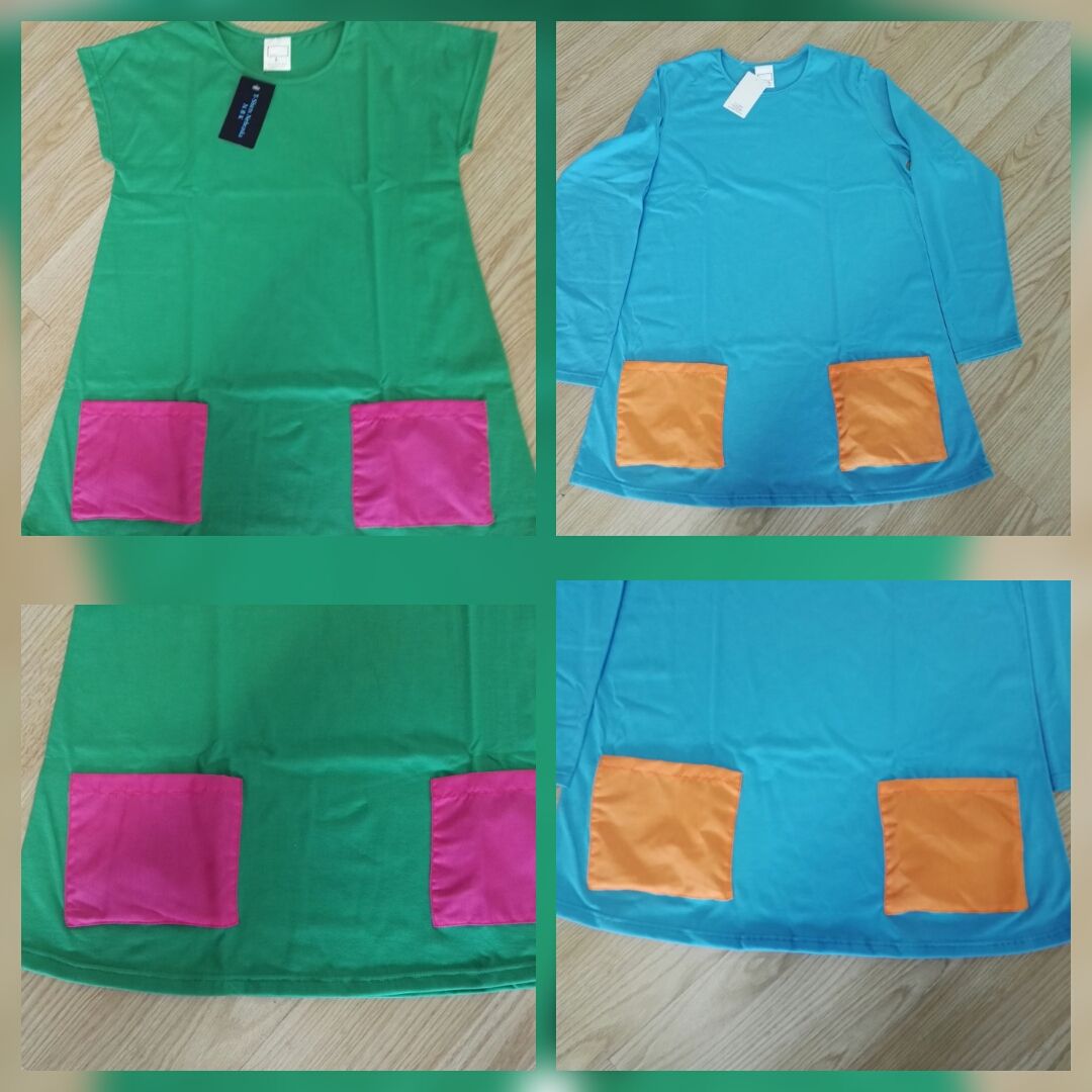 Un vestido verde y azul con bolsillos rosas y naranjas.