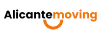 Logotipo para mudanzas en Alicante, con texto en negro y naranja, y una sonrisa estilizada de color naranja debajo de la palabra