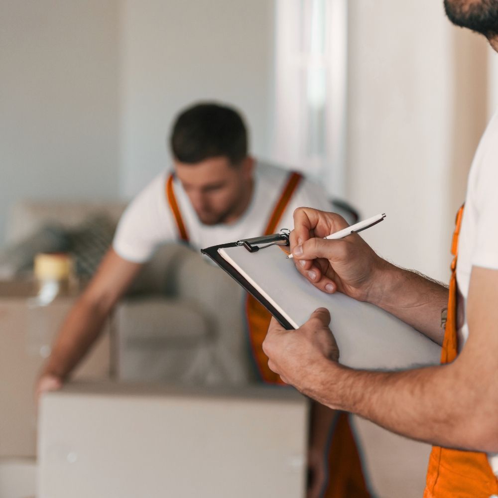 Mano que alcanza una caja de cartón en un estante de un almacén.