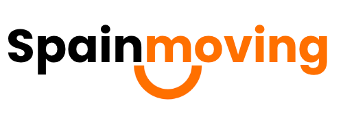Logotipo de Spainmoving en negro y naranja, con una flecha naranja curvada debajo de “moving”.