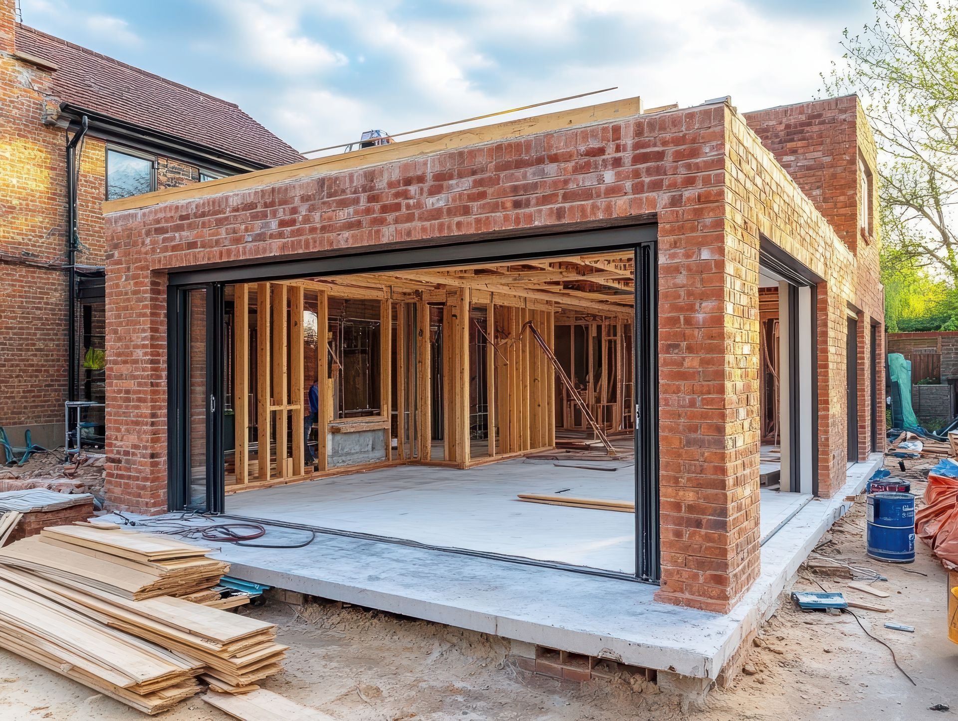 Extension de maison en briques en construction, avec une charpente apparente de type garage et du bois empilé à proximité.