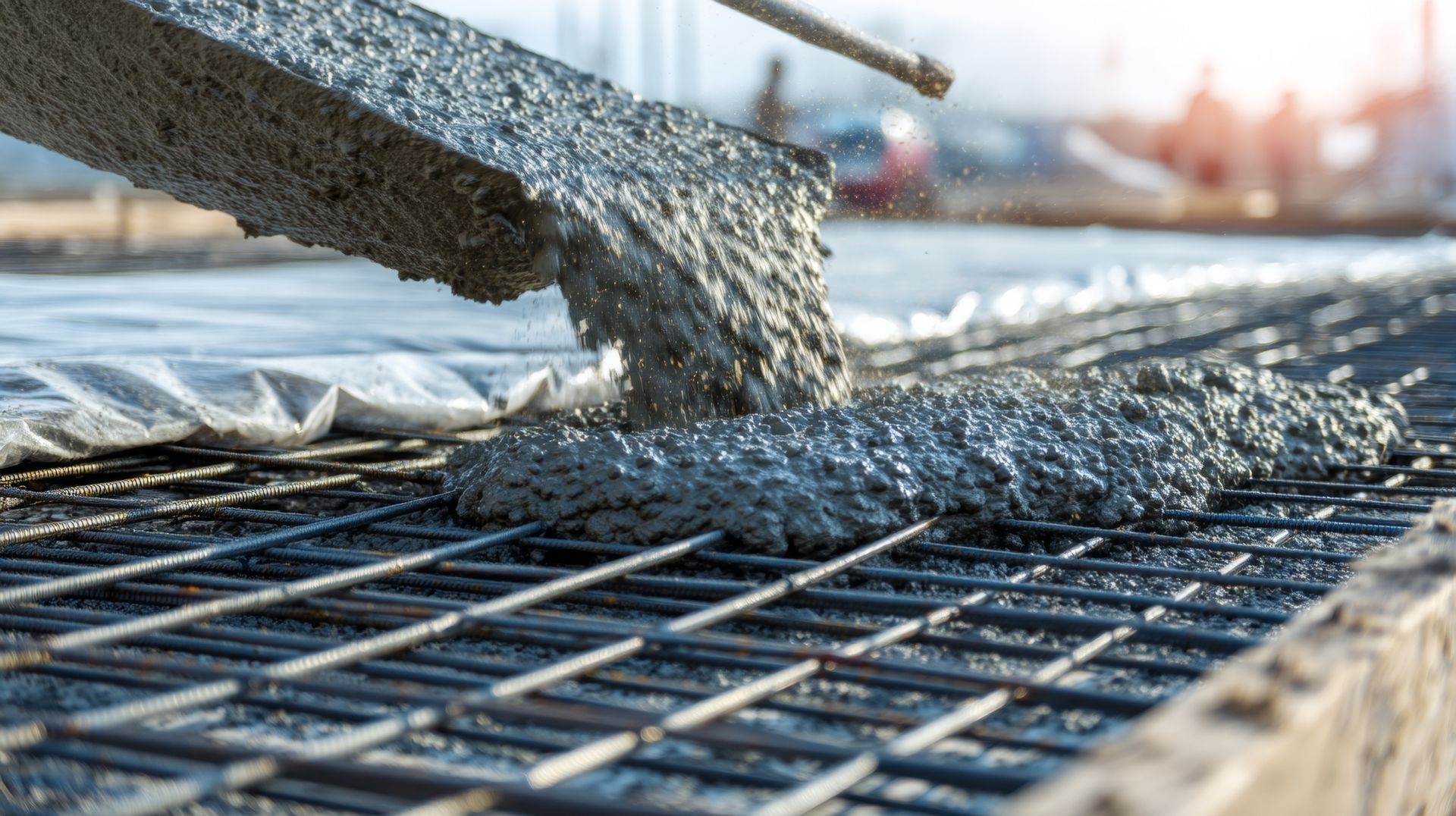 Du béton est coulé sur des armatures en acier sur un chantier de construction.