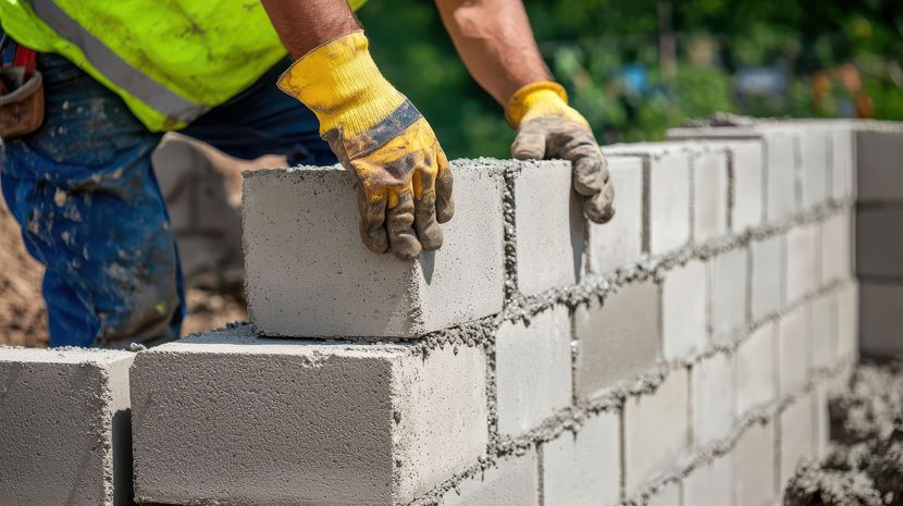 Un ouvrier pose des blocs de béton gris pour un mur. Il porte des gants jaunes et un gilet de sécurité.