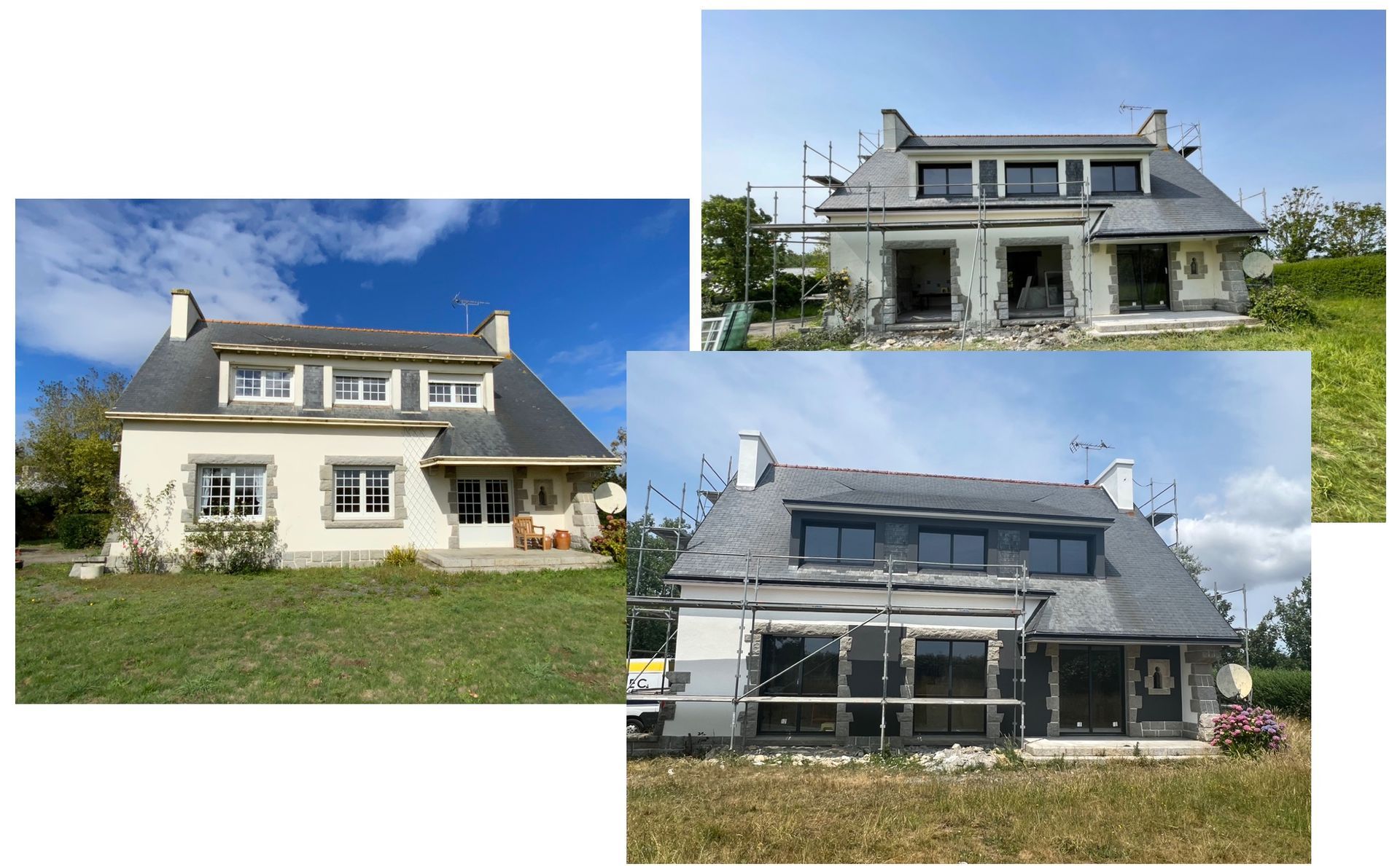 Intérieur d'une maison en parpaings inachevée, avec murs en béton apparent, plafond en bois et portes ouvertes.