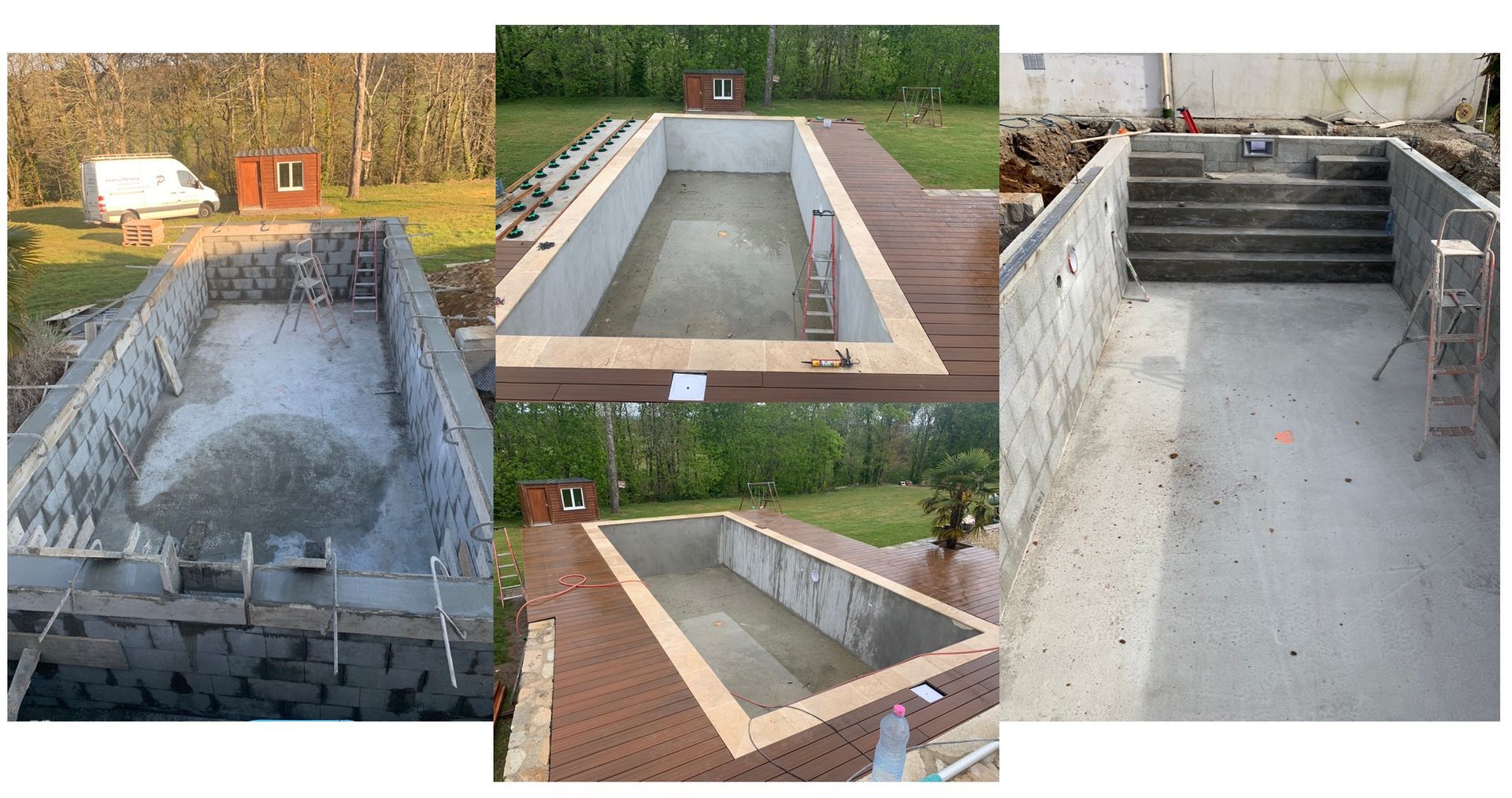 Piscine partiellement construite dans une cour arrière, avec murs en béton, jouxtant une maison beige et un muret paysager en pierre.